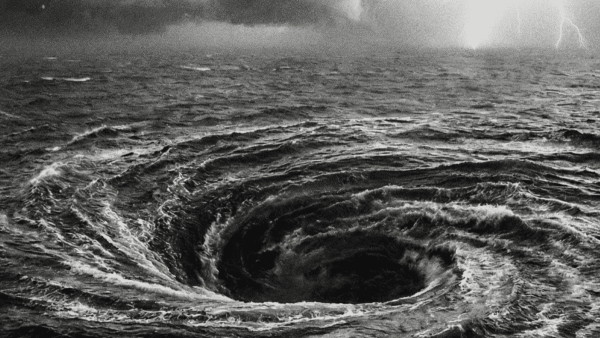 A dramatic black and white image depicting a swirling vortex in a turbulent ocean under stormy skies with lightning.