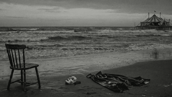 A lonely chair sits on the beach next to a mask and a discarded garment, with waves crashing in the background.