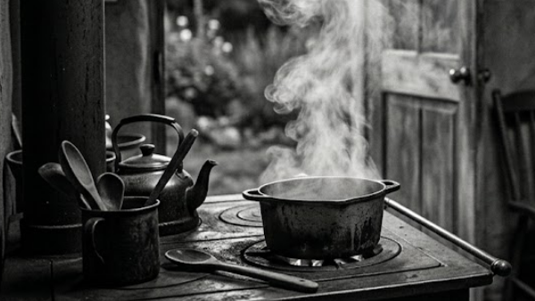 Panelas e utensílios de cozinha sobre um fogão, com uma panela no fogo soltando vapor.